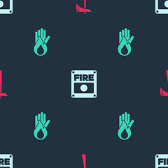 Set Firefighter axe, alarm system and No fire on seamless pattern. Vector