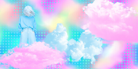 Contemporary digital collage art. Modern trippy design. Stylish girl and abstract sky background