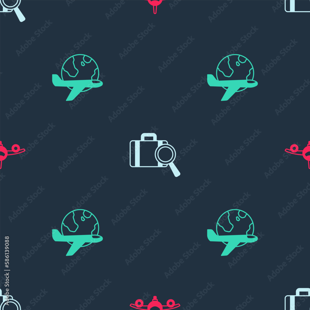 Sticker set plane, lost baggage and globe with flying plane on seamless pattern. vector