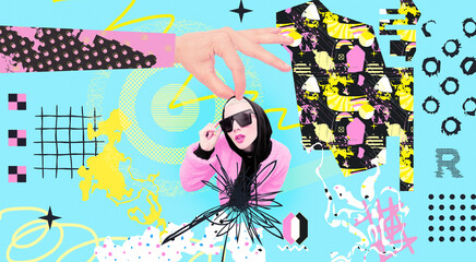 Contemporary digital collage art. Modern trippy design. Stylish girl, hand and abstract creative...