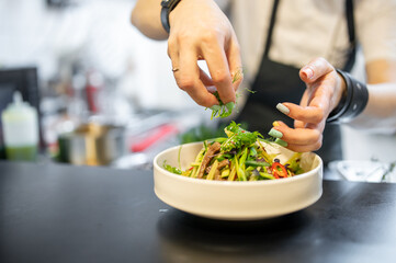 chef hand cooking Roast beef salad with vegetables on restaurant kitchen