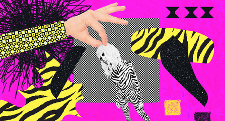 Contemporary digital collage art. Modern trippy design. Zebra fashion girl, animal lover