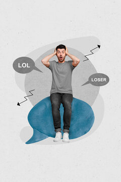 Photo collage artwork minimal picture of impressed upset guy getting trolling messages isolated drawing background