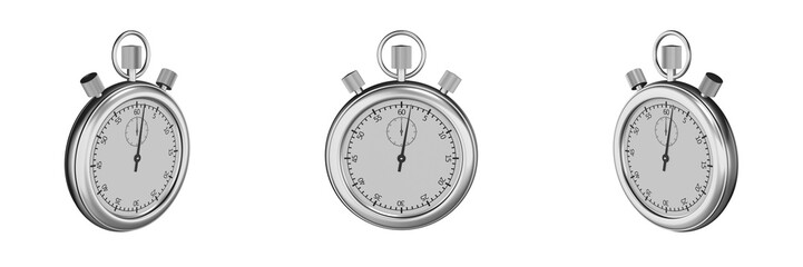 vintage stopwatch on transparent background, left, front and right view (3d render)