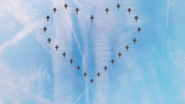 A squadron of unbranded military fighter jets flying overhead in a heart-shaped formation - seamless looping.