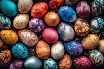 Fototapeta na wymiar colorful stacked pile of Easter eggs created with Generative AI technology
