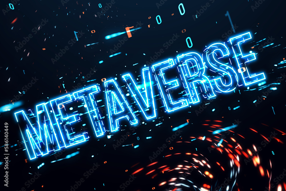 Aufkleber Glowing metaverse text on blurry tech background. Digital world and future concept. 3D Rendering.