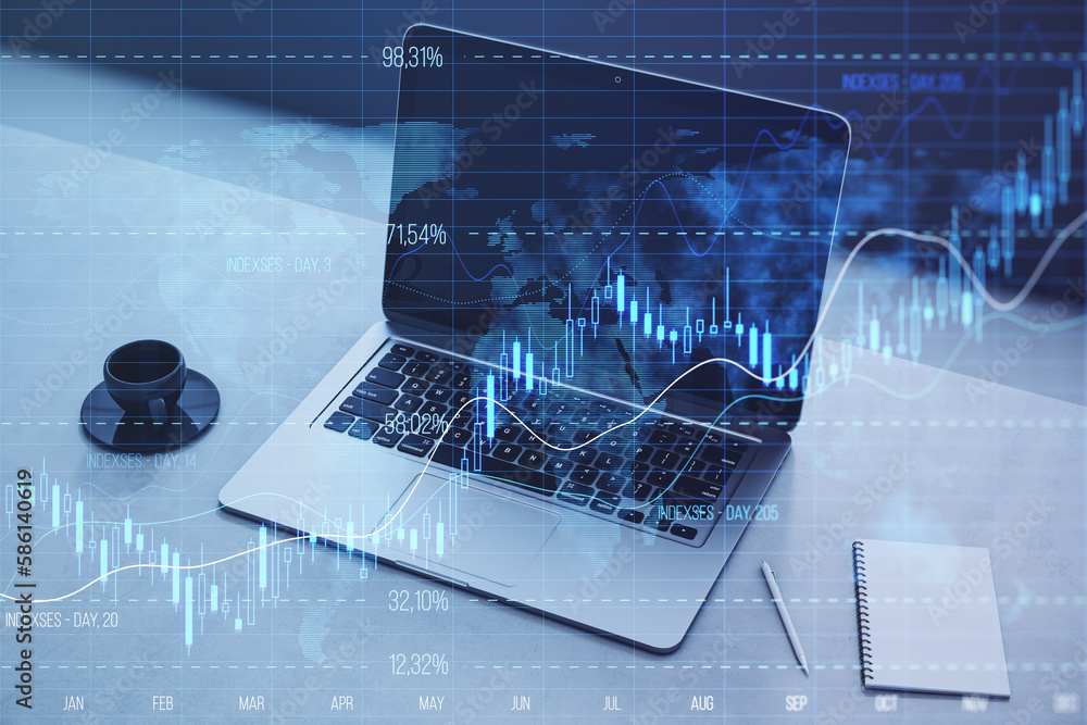 Poster close up of laptop on desktop with coffee cup, notepad, glowing candlestick forex chart and index on