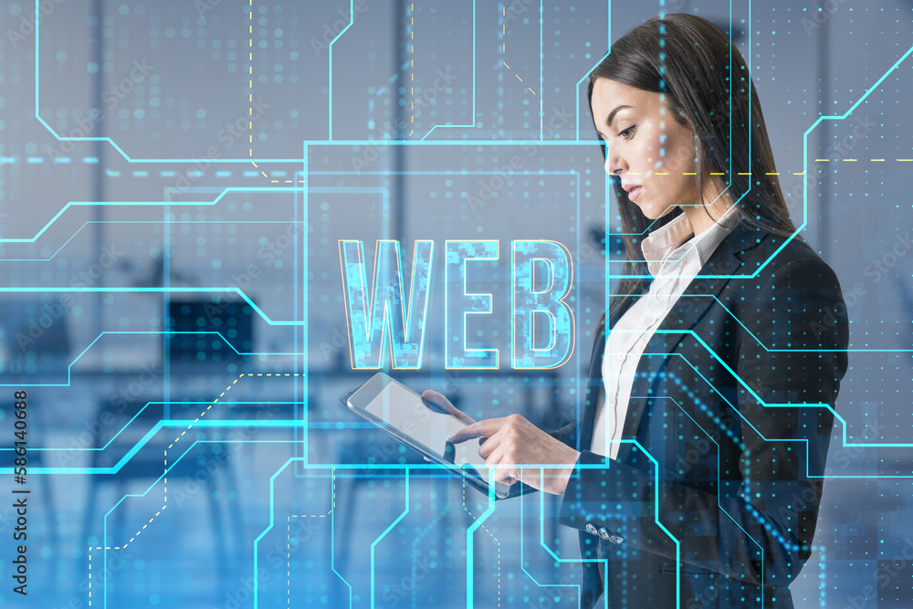 Poster attractive businesswoman using tablet with glowing linear web text hologram on blurry office interio