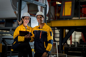 A new generation of engineers in a metal sheet factory.  Studying work methods from supervisors or...