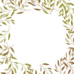 Minimalist floral design elements creating frame with copy space, square layout with transparent background and green leaves