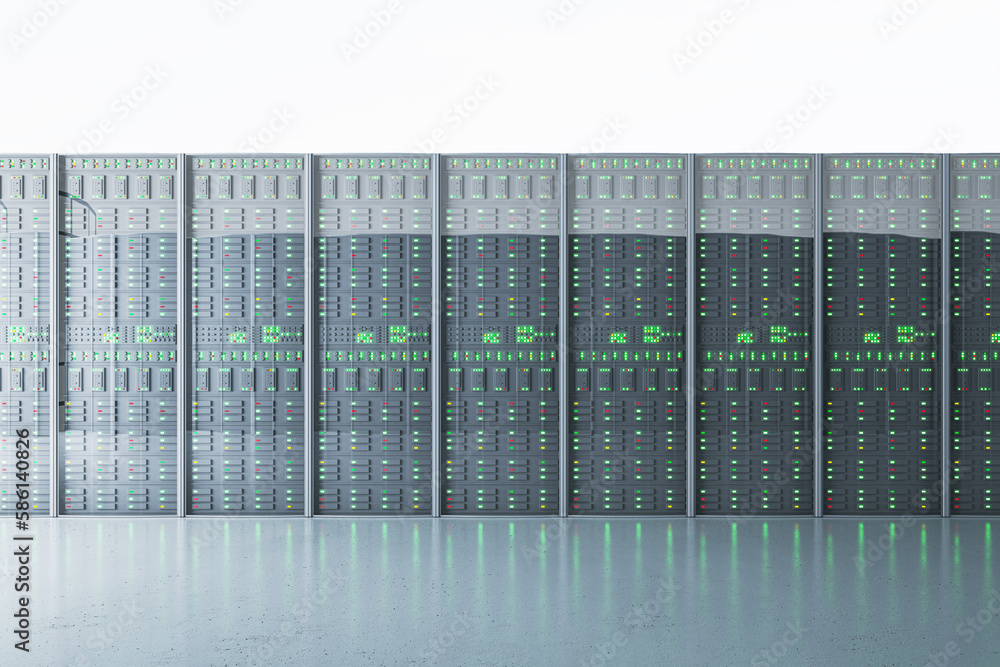 Aufkleber Contemporary light server room interior. Shot of Data Center With Multiple Rows of Fully Operational Server Racks. Modern Telecommunications. 3D Rendering.