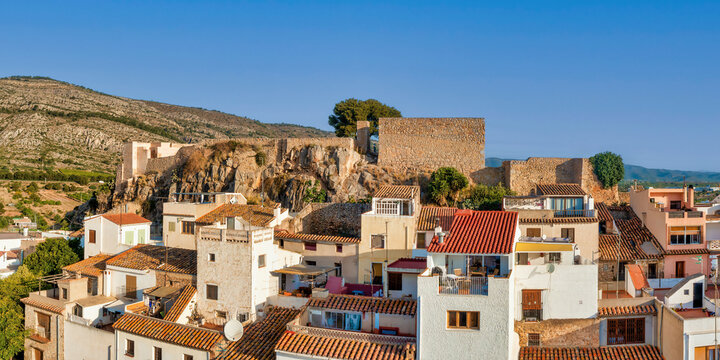Panoramic view of castle ruins and historic old town of Oropesa del Mar, Spain