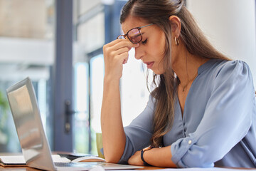 Stress, problem and business woman with headache, anxiety or workload pressure in office. Burnout, pain and financial advisor suffering migraine, ache or anxious while checking tax documents deadline - obrazy, fototapety, plakaty