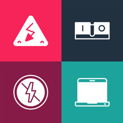 Set pop art Laptop, No lightning, Electric switch and High voltage icon. Vector