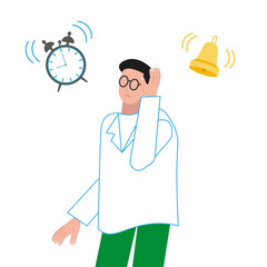 
A sad man is holding his head, an alarm clock and a bell are ringing around him. Deadline concept. Vector illustration