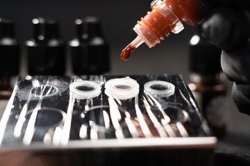 Red inks for permanent tattoo. Professional permanent tattoo training materials. Prepare for...