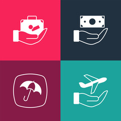 Set pop art Plane in hand, Umbrella, Money with shield and Travel suitcase icon. Vector