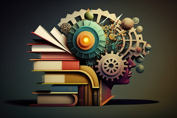 Concept of education and success. Online education, new idea. Collage with a brain, gears, book. Generative Ai technology.	