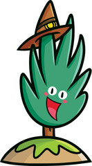 Cute pine tree cartoon character wearing hat