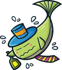 Funny green whale get drunk cartoon illustration