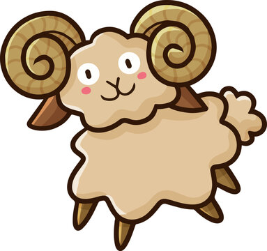 Cute light brown sheep with rounded horn cartoon illustration