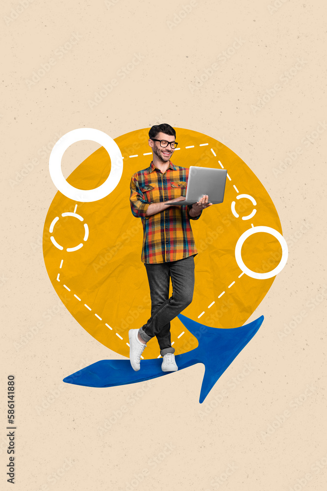 Poster vertical 3d collage picture creative image photo poster artwork of smart clever man nerd develop web