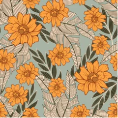 Gardinen Blumenmuster Trendy seamless tropical pattern with bright plants and flowers on a gray background. Beautiful print with hand drawn exotic plants. Trendy summer Hawaii print. Colorful stylish floral.  © EltaMax99