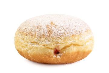 Tradycyjny pączek na białym tle. Leży płasko widok z góry.