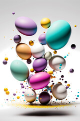 Levitating multicolored glittery lettered eggs on a gray background. Concept of modern Easter celebration 