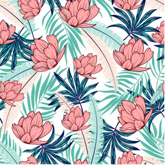 Abstract seamless tropical pattern with bright plants and flowers on a white background. Summer colorful hawaiian. 
Seamless exotic pattern with tropical plants. Exotic jungle wallpaper.