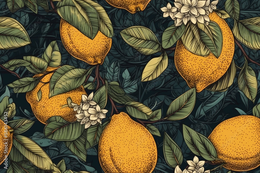 Poster lemon tree with ripe lemons hanging from its branches created with generative ai technology