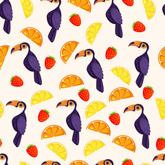 Seamless texture with tropical bird toucans, berries and fruits. Pattern vector illustration. © Irina Anashkevich