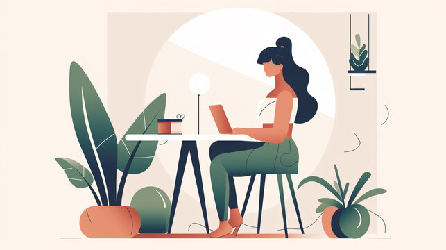 Freelance woman working on laptop at home. Freelance, remote work, freelance concept. Vector illustration   ai generated artwork