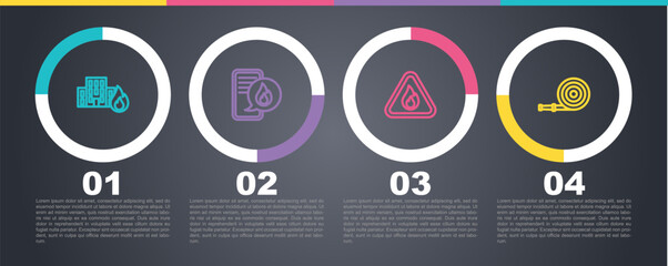 Set line Fire in burning buildings, Phone with emergency call 911, flame triangle and hose reel. Business infographic template. Vector