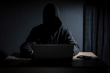 Hacker wearing black hoodie using laptop computer while working on dark background. Created with Generative AI Technology