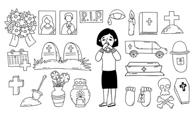 Vector doodles symbols death and funeral. unhappy woman, grave, cross, cemetery, portraits of deceased, lampada, coffin and hearse, skull and crossbones and ashes, wreath. Isolated outline drawings.