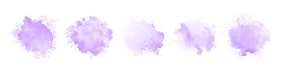 Set of abstract purple watercolor water splash on a white background. Vector watercolour texture in blue color. Ink paint brush stain. Purple soft light blot. Watercolor violet splash