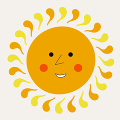 Smiling sun, abstract personage, mascot design, funny face, cute icon.