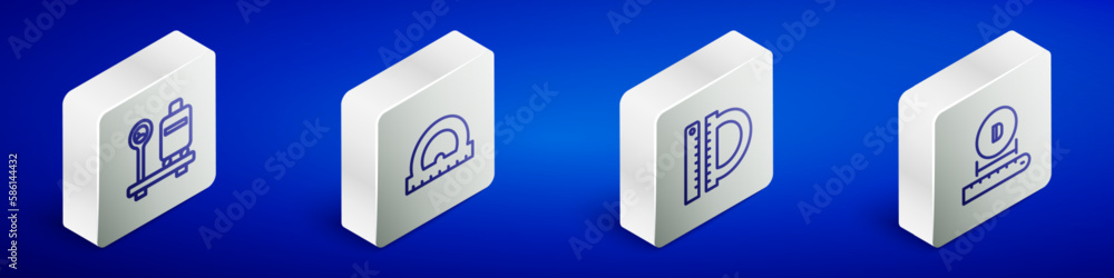 Poster set isometric line scale with suitcase, protractor, and ruler and diameter icon. vector