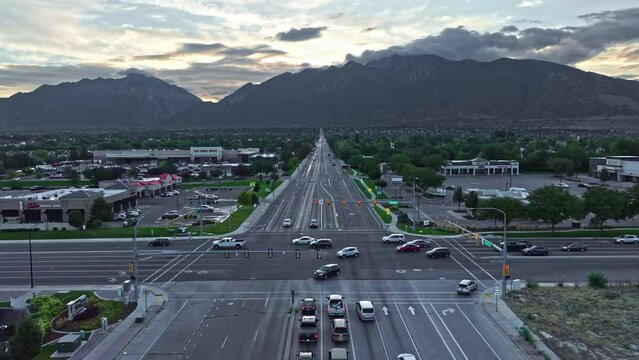Flying over 11400 South and State Street in Sandy Utah at Sunrise