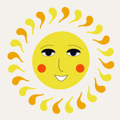 Smiling sun, abstract personage, mascot design, funny face, cute icon.
