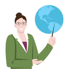 A female teacher with a pointer in her hand points to a map of the western hemisphere. Vector illustration. Teacher of geography