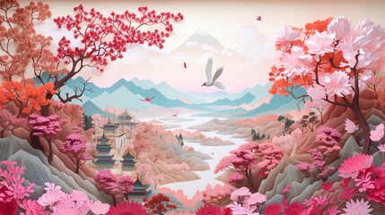 Plakat Multi - Dimensional Paper Kirigami Craft, Paper Illustration, Chinese Illustration On White Background, Oriental Landscape Painting, Above Super Wide Angle, Thomas Kinkade, Dreamy - Generative AI