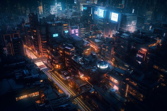 A Lovely Anime Style Concept Of A Cyberpunk City With A Birds Eye View. Generative AI