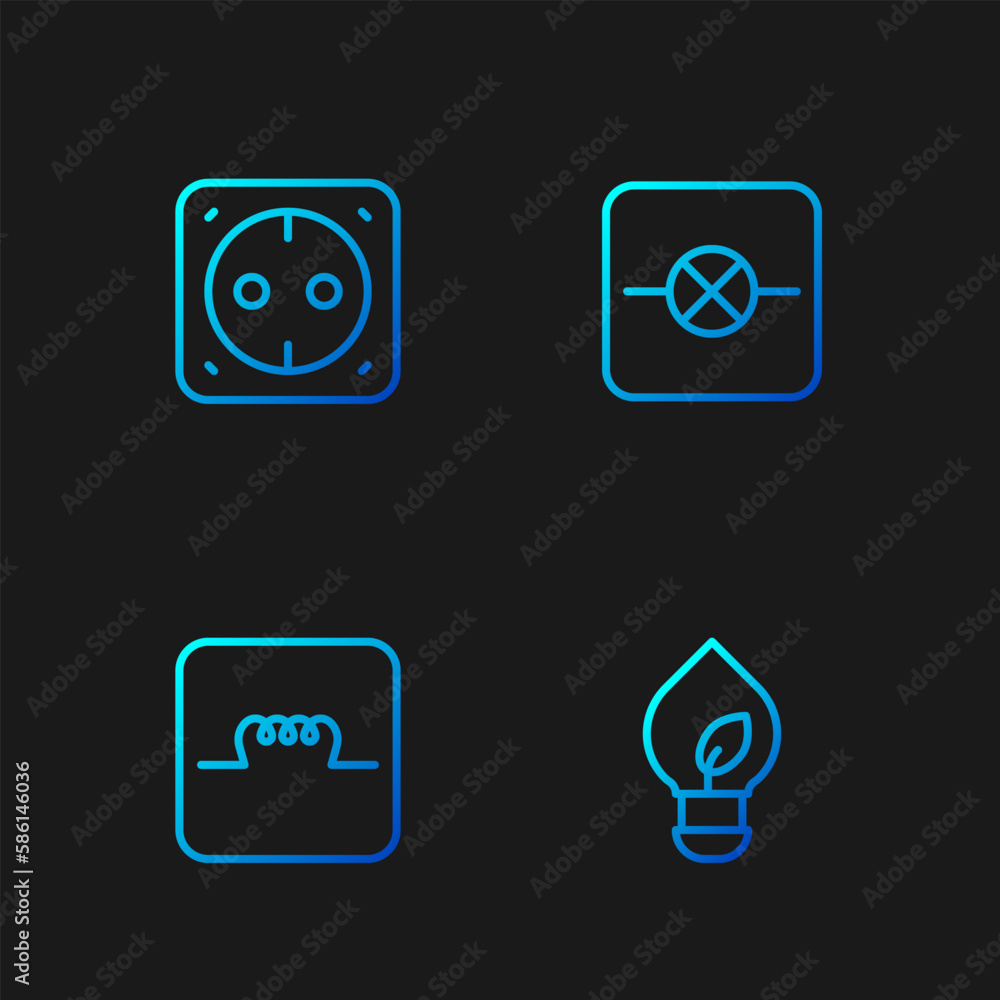 Poster set line light bulb with leaf, inductor in electronic circuit, electrical outlet and lamp. gradient 