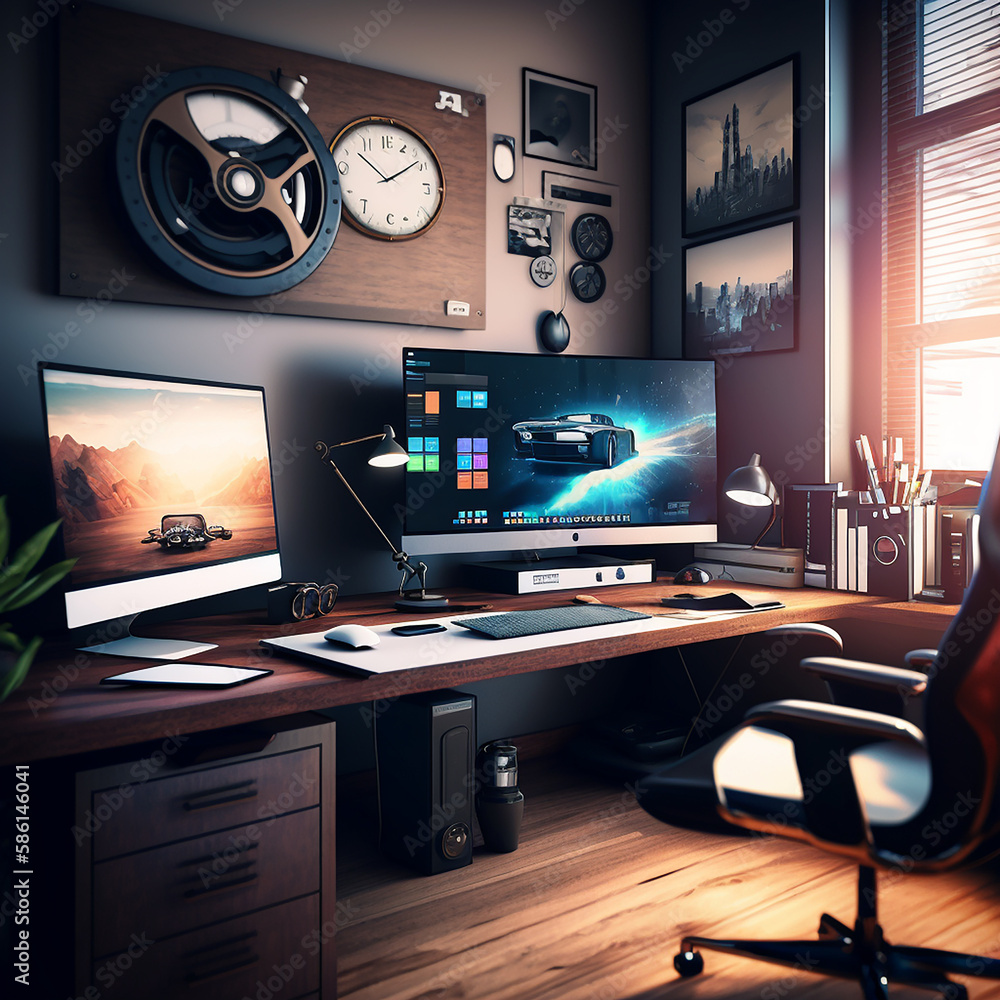 Aufkleber modern business workspace with table, computer, book and lamp. created with generative ai.