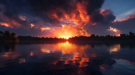 Dragon Fire Clouds, Sunset, Cg Rendering, 3d Effect, Body Light, Sky, Super Wide Angle, Clouds On The Lake, Lake Reflection, Blue Sky Transparent Tone, Reduce Black, Sunset - Generative AI