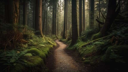 Foggy path through the forest ,Sunset in a dark forest with rays of light passing through the trees.Generative Ai