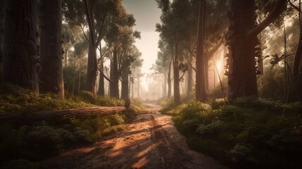 Fototapeta premium Foggy path through the forest ,Sunset in a dark forest with rays of light passing through the trees.Generative Ai